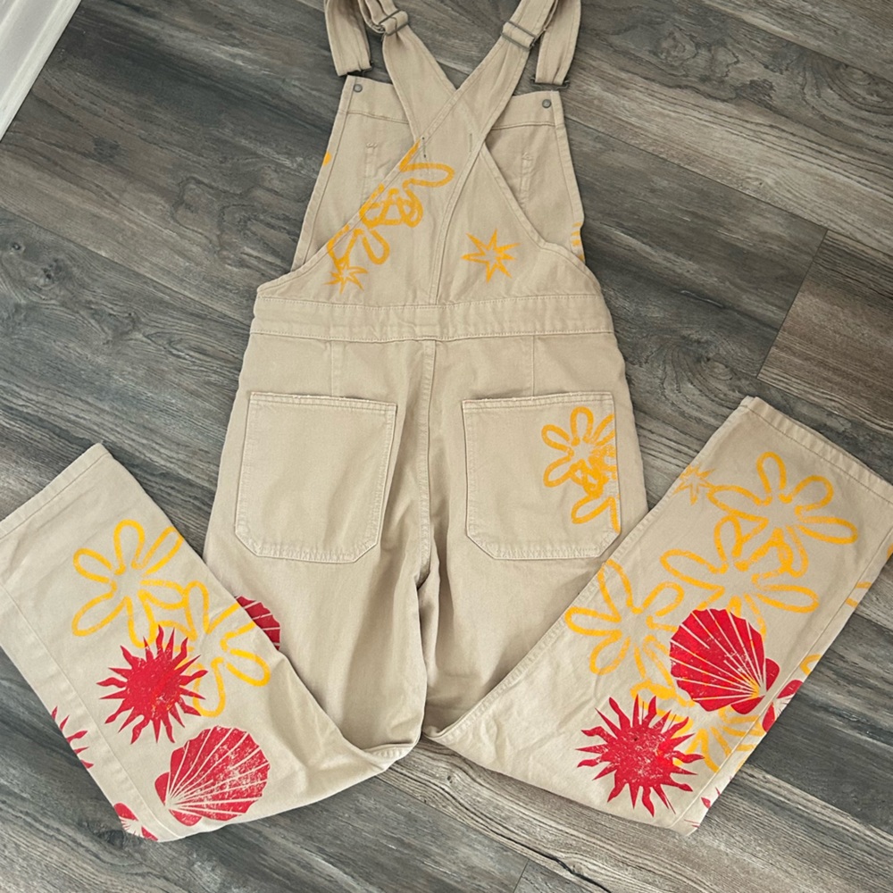 Free People Tan Overalls with Red and Yellow Floral Design - Picture 4 of 7